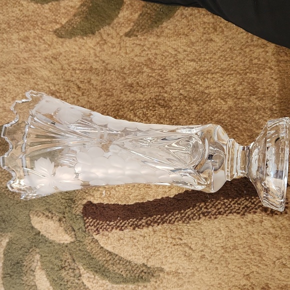 Vintage Cut Crystal Vase Etched with Grapes And Leaves Has Sawtooth Edge - Picture 8 of 12